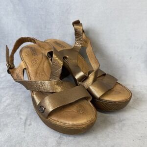 Born Crown Heeled Sandals Women's Size 10 M Gold Leather Strap Shoes Buckle
